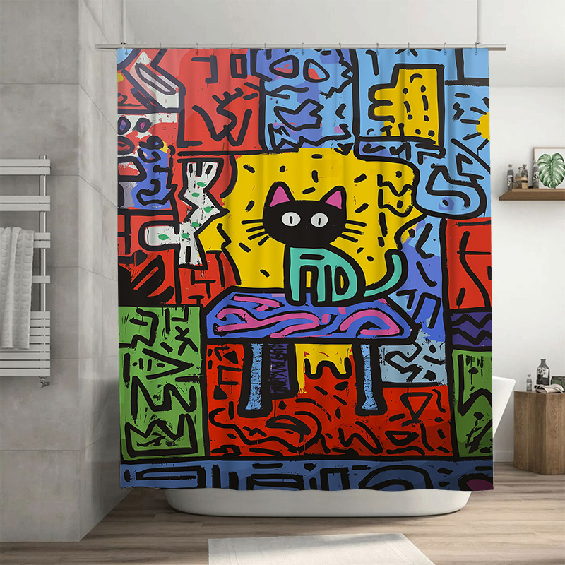 Home Bathroom Remodel - Tirai Mandi Kucing Abstrak Grafiti Cerah